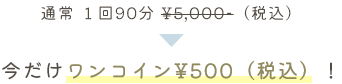 通常 １回90分 ¥5,000-（税込）→今だけワンコイン¥500（税込）！